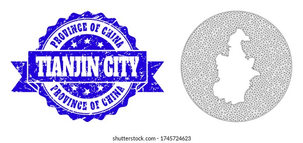 Mesh vector map of Tianjin Municipality with scratched seal stamp. Triangle network map of Tianjin Municipality is a hole in a circle. Blue rounded scratched watermark with ribbon.