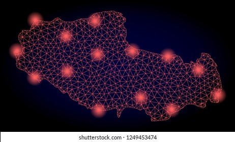 Mesh vector map of Tibet with glare effect. Red abstract lines, light spots and points on a dark background with map of Tibet.