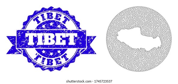 Mesh vector map of Tibet with scratched seal stamp. Triangle mesh map of Tibet is subtracted from a circle. Blue round scratched seal stamp has ribbon.