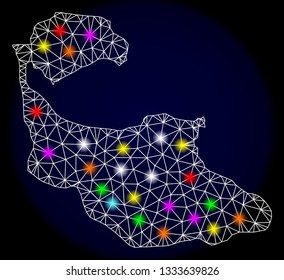 Mesh vector map of Tiran Island with glare effect on a dark background. Abstract lines, triangles, light colorful spots and points forms map of Tiran Island.