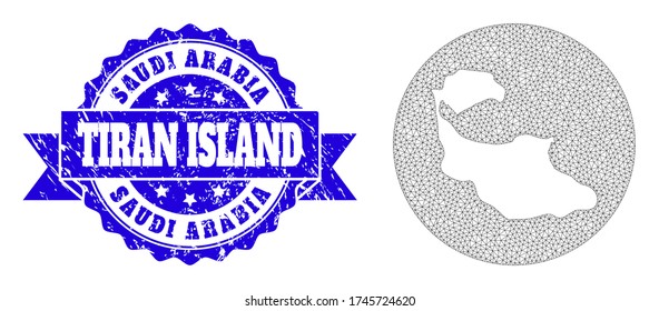 Mesh vector map of Tiran Island with grunge seal. Triangular mesh map of Tiran Island is a hole in a circle. Blue round grunge stamp has ribbon.