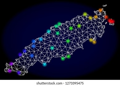 Mesh vector map of Tobago Island with glare effect. Light spots have bright rainbow colors. Abstract lines, triangles, light spots and points on a dark background with map of Tobago Island.