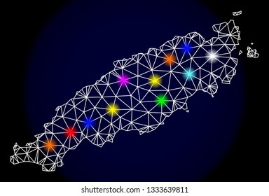 Mesh vector map of Tobago Island with glow effect on a dark background. Abstract lines, triangles, light colorful spots and points forms map of Tobago Island.