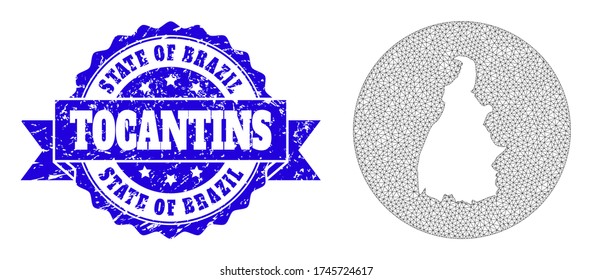 Mesh vector map of Tocantins State with grunge seal. Triangle network map of Tocantins State is a hole in a circle. Blue round grunge seal with ribbon.