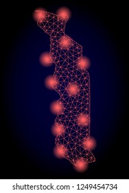 Mesh vector map of Togo with glare effect. Red abstract lines, light spots and points on a dark background with map of Togo.
