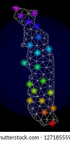 Mesh vector map of Togo with glare effect. Light spots have bright spectrum colors. Abstract lines, triangles, light spots and points on a dark background with map of Togo.