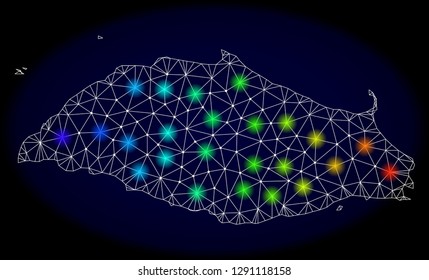 Mesh vector map of Tortuga Island with glare effect on a dark background. Light spots have bright rainbow colors. Abstract lines, triangles, light spots and points forms map of Tortuga Island.