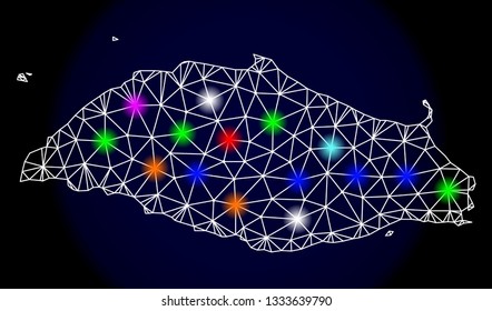 Mesh vector map of Tortuga Island with glare effect on a dark background. Abstract lines, triangles, light colorful spots and points forms map of Tortuga Island.