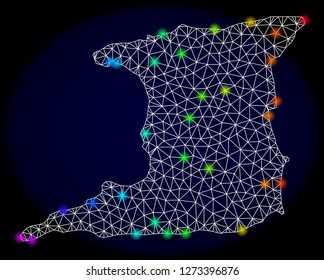 Mesh vector map of Trinidad Island with glare effect. Light spots have bright spectrum colors. Abstract lines, triangles, light spots and points on a dark background with map of Trinidad Island.