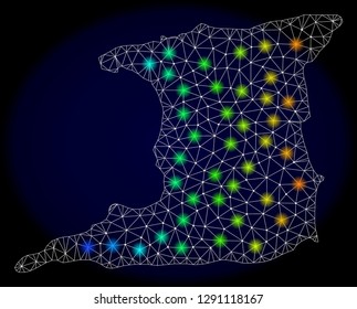 Mesh vector map of Trinidad Island with glare effect on a dark background. Light spots have bright spectrum colors. Abstract lines, triangles, light spots and points forms map of Trinidad Island.