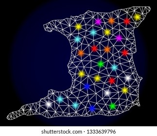 Mesh vector map of Trinidad Island with glare effect on a dark background. Abstract lines, triangles, light colorful spots and points forms map of Trinidad Island.