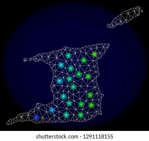 Mesh vector map of Trinidad and Tobago with glare effect on a dark background. Light spots have bright spectrum colors. Abstract lines, triangles,
