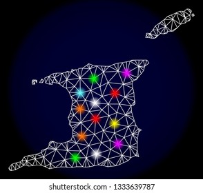 Mesh vector map of Trinidad and Tobago with glare effect on a dark background. Abstract lines, triangles, light colorful spots and points forms map of Trinidad and Tobago.