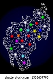 Mesh vector map of Tripura State with glare effect on a dark background. Abstract lines, triangles, light colorful spots and points forms map of Tripura State.