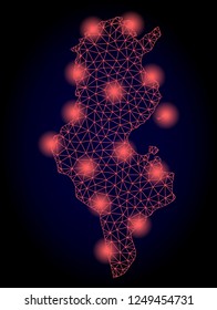 Mesh vector map of Tunisia with glare effect. Red abstract lines, light spots and points on a dark background with map of Tunisia.