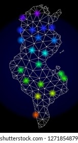 Mesh vector map of Tunisia with glare effect. Light spots have bright spectrum colors. Abstract lines, triangles, light spots and points on a dark background with map of Tunisia.