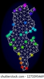 Mesh vector map of Tunisia with glare effect. Light spots have bright spectrum colors. Abstract lines, triangles, light spots and points on a dark background with map of Tunisia.