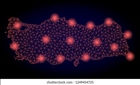 Mesh vector map of Turkey with glare effect. Red abstract lines, light spots and points on a dark background with map of Turkey.