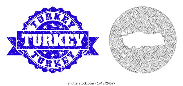 Mesh vector map of Turkey with grunge seal stamp. Triangular mesh map of Turkey is stencils in a round shape. Blue rounded scratched seal stamp with ribbon.