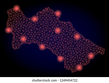 Mesh vector map of Turkmenistan with glare effect. Red abstract lines, light spots and points on a dark background with map of Turkmenistan.
