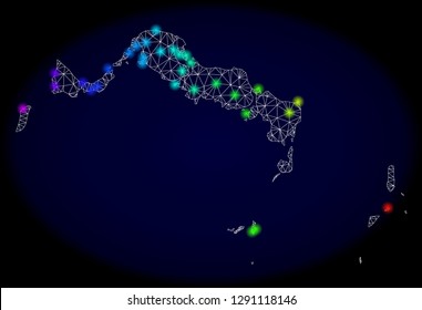 Mesh vector map of Turks and Caicos Islands with glare effect on a dark background. Light spots have bright rainbow colors. Abstract lines, triangles,