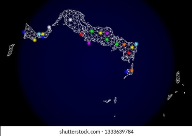 Mesh vector map of Turks and Caicos Islands with glare effect on a dark background. Abstract lines, triangles, light colorful spots and points forms map of Turks and Caicos Islands.