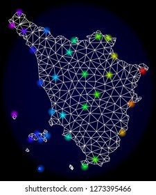 Mesh vector map of Tuscany region with glare effect. Light spots have bright rainbow colors. Abstract lines, triangles, light spots and points on a dark background with map of Tuscany region.
