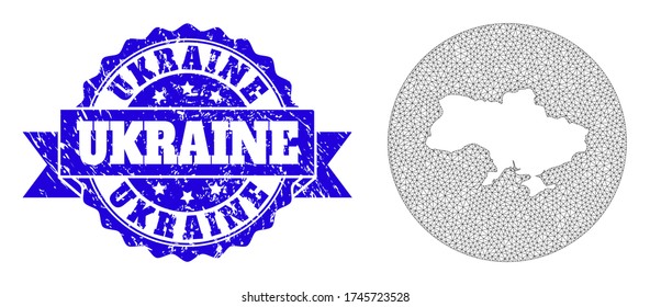 Mesh vector map of Ukraine with scratched seal stamp. Triangle network map of Ukraine is cut out from a round shape. Blue rounded scratched stamp with ribbon.