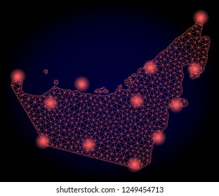 Mesh vector map of United Arab Emirates with glare effect. Red abstract lines, light spots and points on a dark background with map of United Arab Emirates.