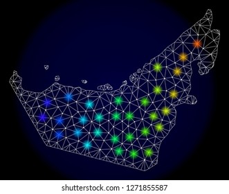 Mesh vector map of United Arab Emirates with glare effect. Light spots have bright spectrum colors. Abstract lines, triangles,