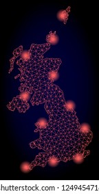 Mesh vector map of United Kingdom with glare effect. Red abstract lines, light spots and points on a dark background with map of United Kingdom.