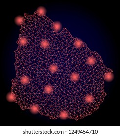 Mesh vector map of Uruguay with glare effect. Red abstract lines, light spots and points on a dark background with map of Uruguay.