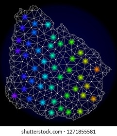 Mesh vector map of Uruguay with glare effect. Light spots have bright spectrum colors. Abstract lines, triangles, light spots and points on a dark background with map of Uruguay.