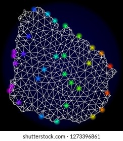 Mesh vector map of Uruguay with glare effect. Light spots have bright rainbow colors. Abstract lines, triangles, light spots and points on a dark background with map of Uruguay.