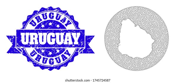 Mesh vector map of Uruguay with scratched seal. Triangle mesh map of Uruguay is a hole in a round shape. Blue rounded grunge seal stamp with ribbon.
