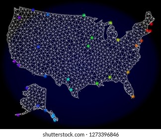 Mesh vector map of USA and Alaska with glare effect. Light spots have bright spectrum colors. Abstract lines, triangles, light spots and points on a dark background with map of USA and Alaska.