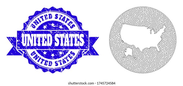 Mesh vector map of USA and Alaska with grunge stamp. Triangle mesh map of USA and Alaska is stencils in a circle. Blue rosette grunge seal stamp with ribbon.