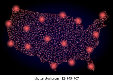 Mesh vector map of USA with glare effect. Red abstract lines, light spots and points on a dark background with map of USA.
