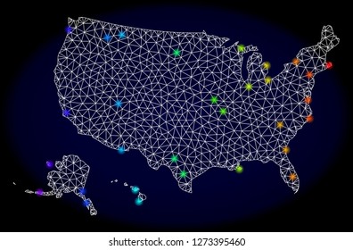 Mesh vector map of USA territories with glare effect. Light spots have bright spectrum colors. Abstract lines, triangles, light spots and points on a dark background with map of USA territories.