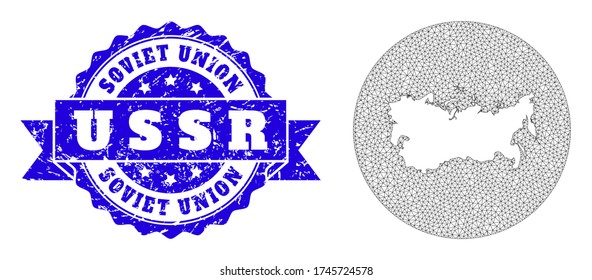 Mesh vector map of USSR with scratched seal stamp. Triangular network map of USSR is carved in a round shape. Blue rounded scratched stamp with ribbon.