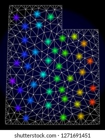 Mesh vector map of Utah State with glare effect. Light spots have bright spectrum colors. Abstract lines, triangles, light spots and points on a dark background with map of Utah State.