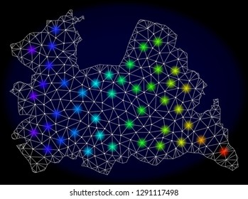 Mesh vector map of Utrecht Province with glare effect on a dark background. Light spots have bright rainbow colors. Abstract lines, triangles, light spots and points forms map of Utrecht Province.