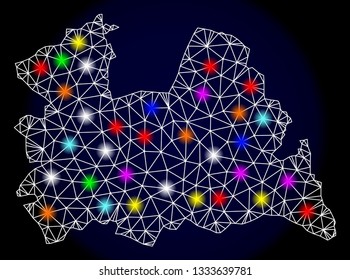 Mesh vector map of Utrecht Province with glare effect on a dark background. Abstract lines, triangles, light colorful spots and points forms map of Utrecht Province.