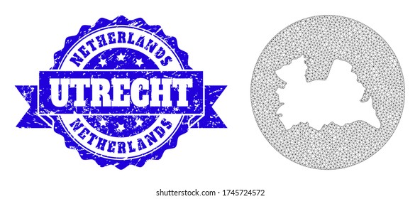 Mapa vectorial de malla de la provincia de Utrecht con sello de foca de grano. El mapa triangular de malla de la provincia de Utrecht es de patrones en forma redonda. Marca de agua azul redonda con cinta.