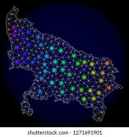Mesh vector map of Uttar Pradesh State with glare effect. Light spots have bright spectrum colors. Abstract lines, triangles,