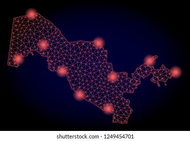 Mesh vector map of Uzbekistan with glare effect. Red abstract lines, light spots and points on a dark background with map of Uzbekistan.