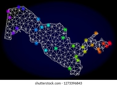 Mesh vector map of Uzbekistan with glare effect. Light spots have bright rainbow colors. Abstract lines, triangles, light spots and points on a dark background with map of Uzbekistan.