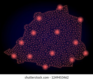 Mesh vector map of Vatican with glare effect. Red abstract lines, light spots and points on a dark background with map of Vatican.