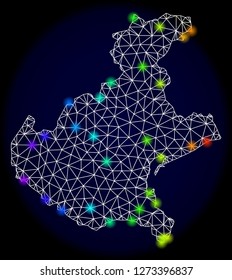 Mesh vector map of Veneto region with glare effect. Light spots have bright rainbow colors. Abstract lines, triangles, light spots and points on a dark background with map of Veneto region.