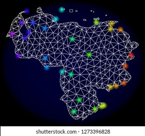 Mesh vector map of Venezuela with glare effect. Light spots have bright rainbow colors. Abstract lines, triangles, light spots and points on a dark background with map of Venezuela.